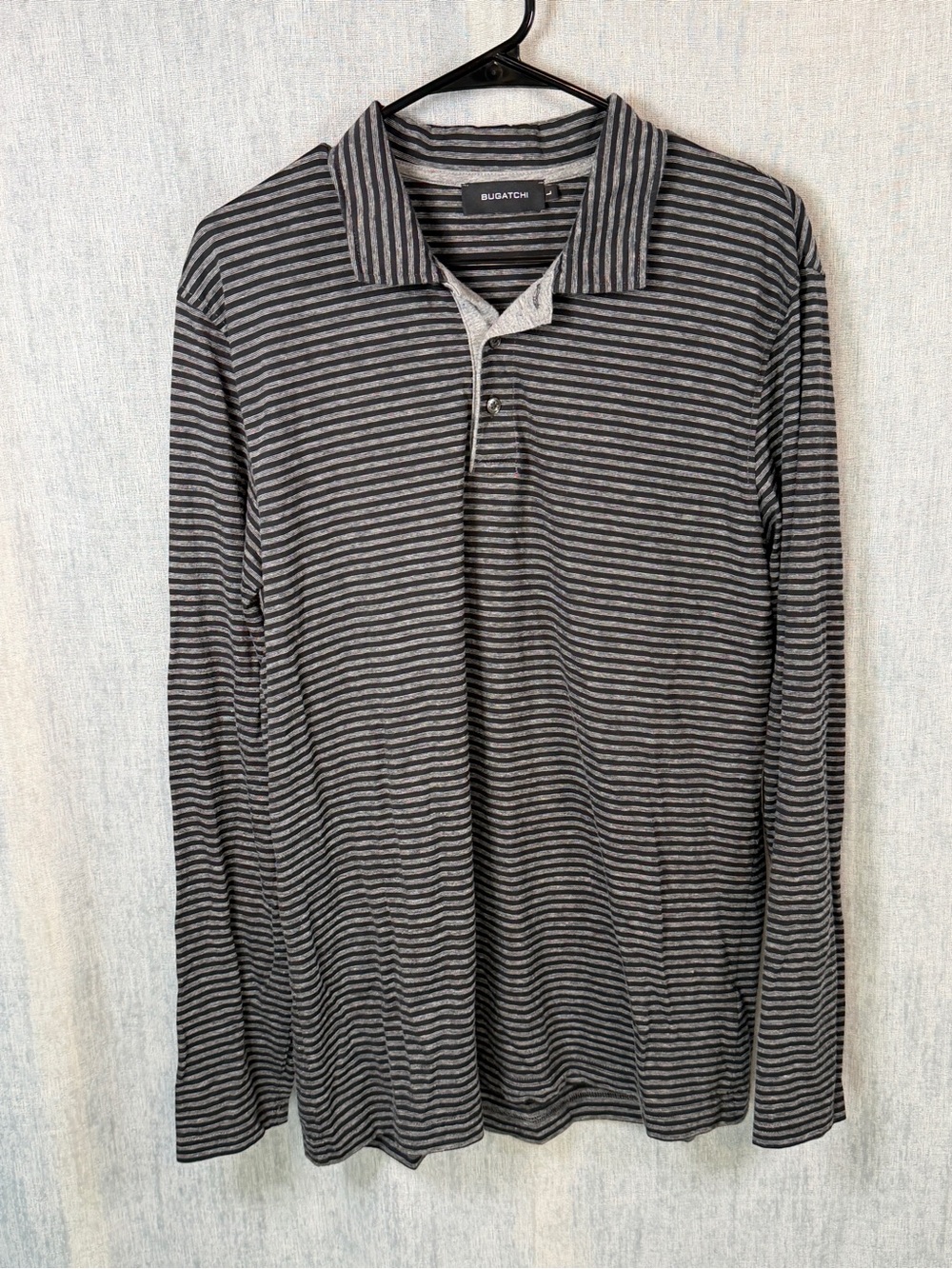 Bugatchi Men’s L Black Gray Striped Long Sleeve Polo Henley Shirt 100% Cotton